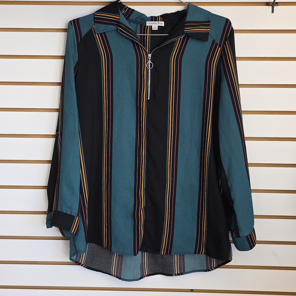Ophelia Roe 1/4 zip, multi-striped blouse XL